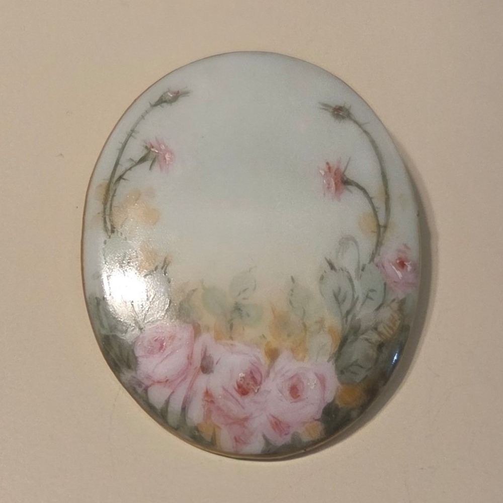 Vintage Oval Hand Painted Porcelain Brooch Pink Roses Floral Gold Tone Pin 2.25"